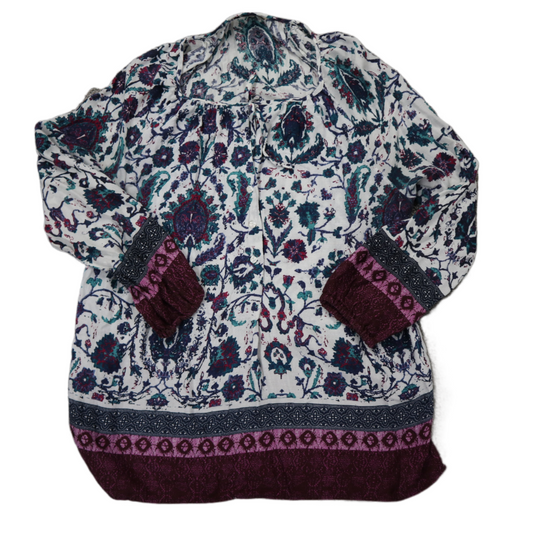 Lucky Brand Womens Floral Tunic Blouse Top Long Sleeve White Maroon Size Large