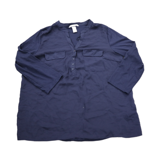 H&M Womens Blouse Top Henley Neck 1/4 Sleeves Pockets Navy Blue Size Medium