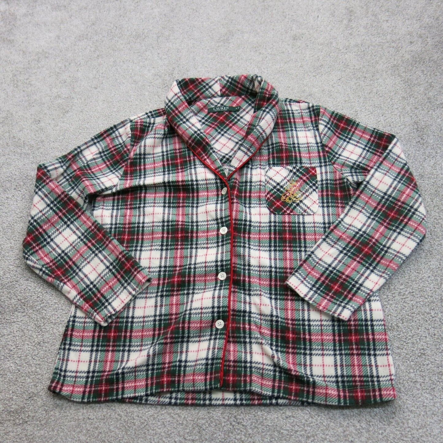 Lauren Ralph Lauren Womens Plaid Pajama Top Tartan Fleece Red White Size Medium