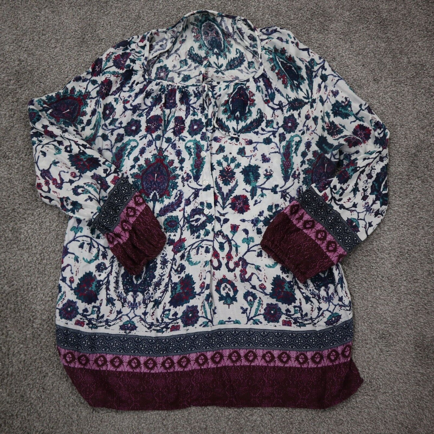 Lucky Brand Womens Floral Tunic Blouse Top Long Sleeve White Maroon Size Large
