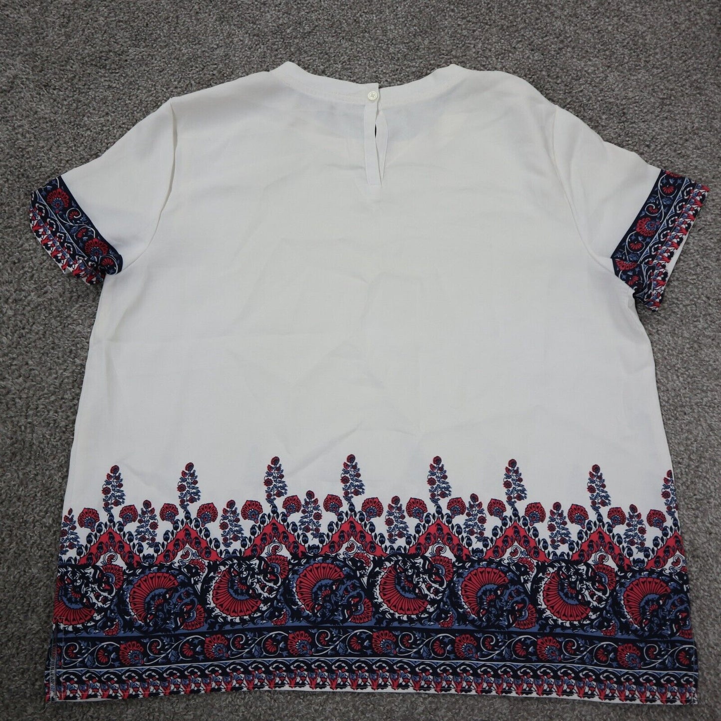 Loft Womens Blouse Top Crew Neck Floral Hem Short Sleeve White Size Large
