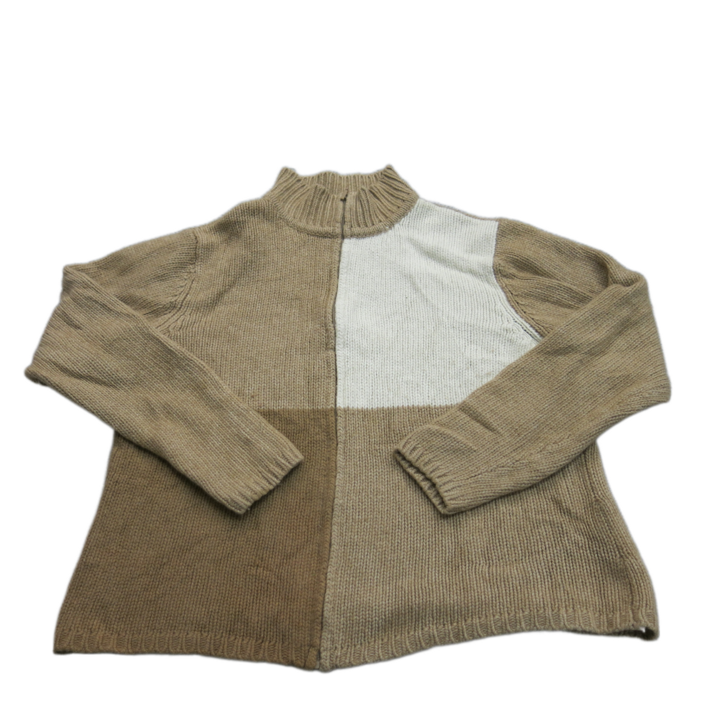 Talbots Women Full Zip Up Knitted Sweater Mock Neck Colorblock Khaki Size Medium