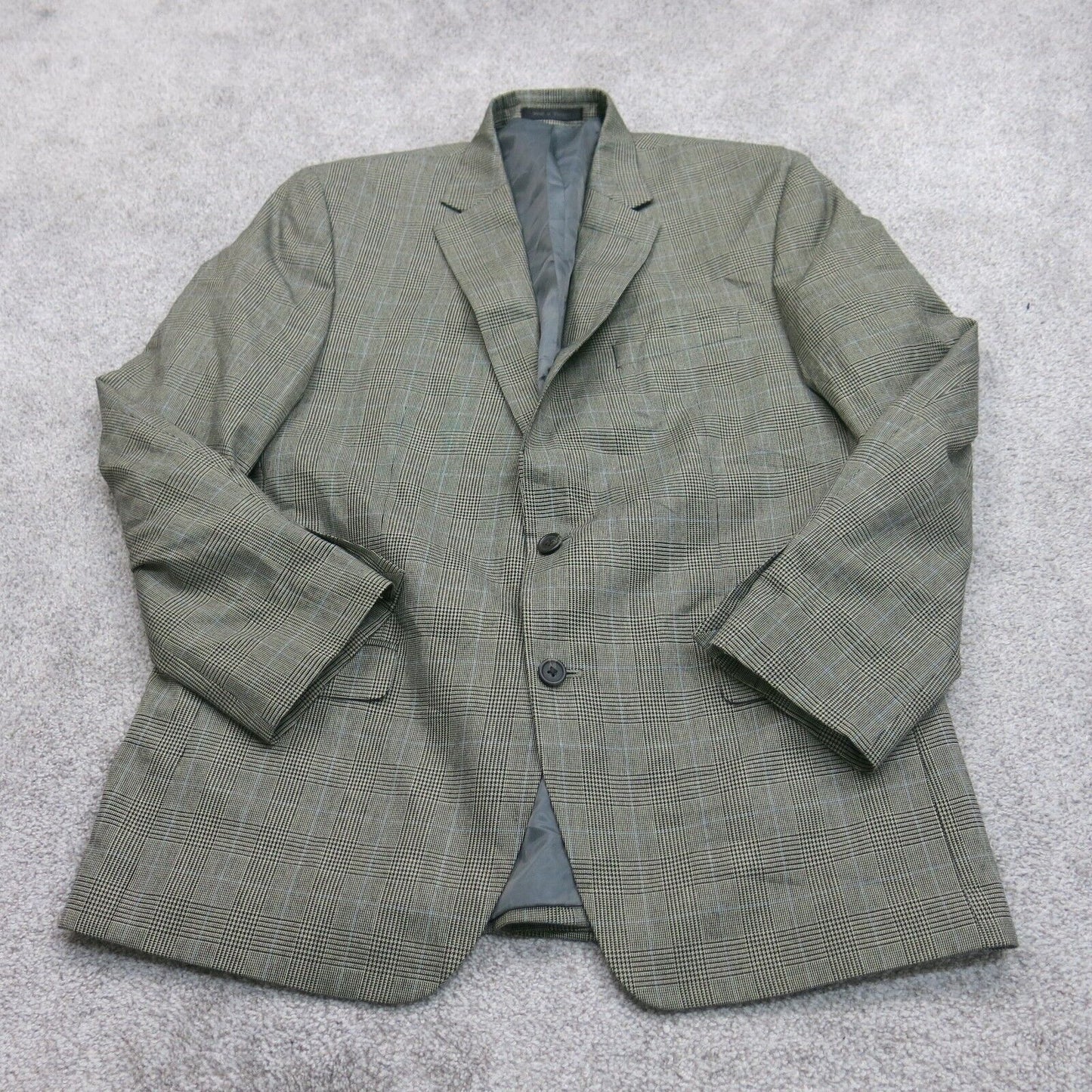 Chaps Mens Plaid Blazer Coat Single Breasted Long Sleeves Pockets Gray Size 44R