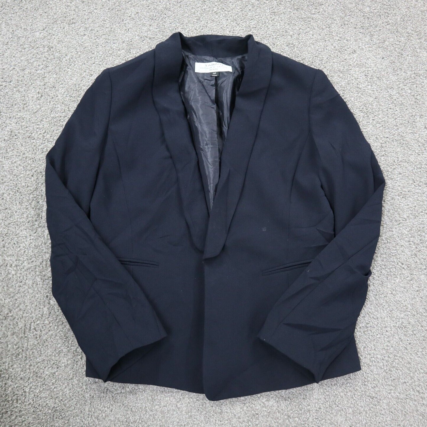 Tahari Womens Blazer Coat Long Sleeves Open Front Pockets Navy Blue Size 10P