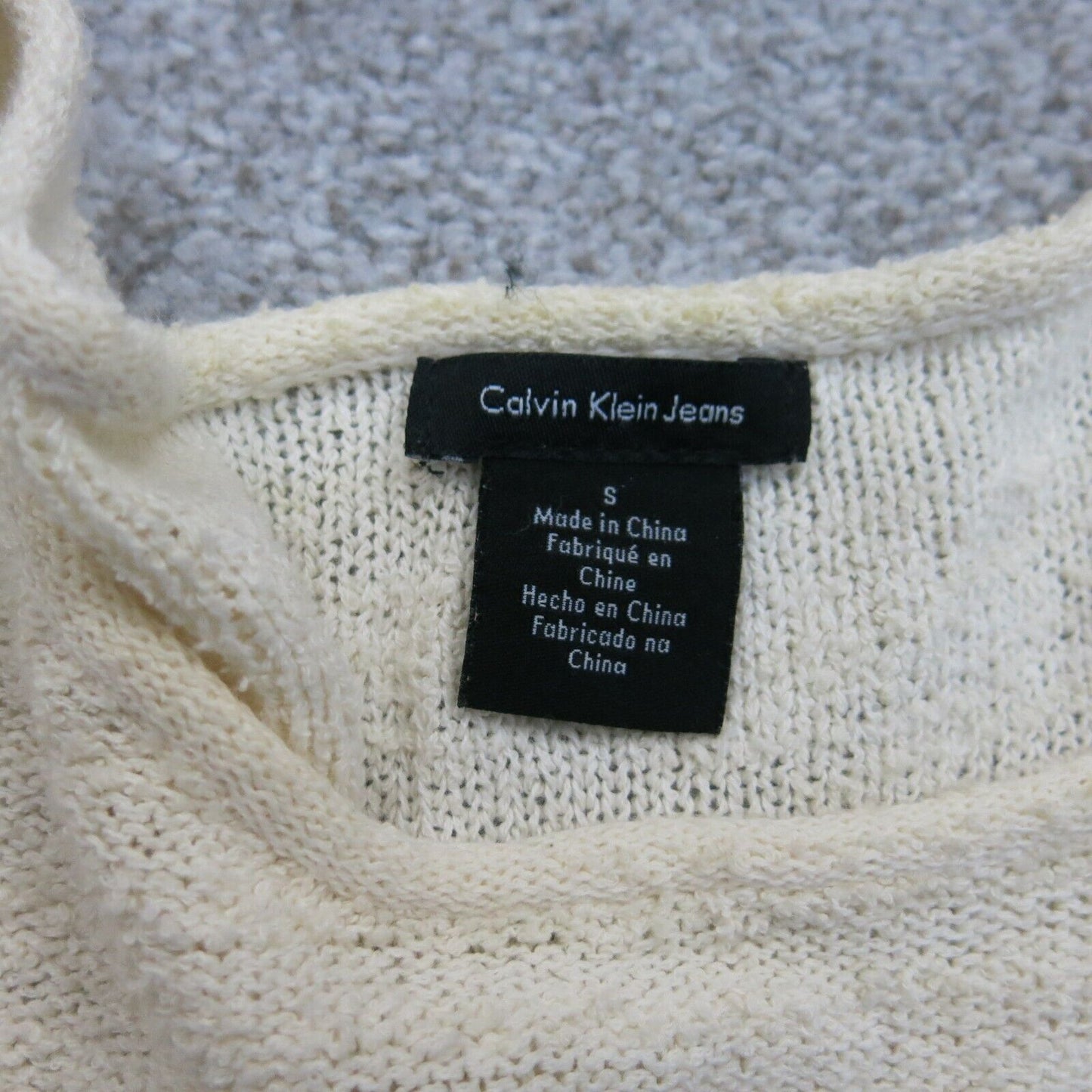 Calvin Klein Womens Pullover Sweater Crew Neck Striped Ivory Gray Size Small