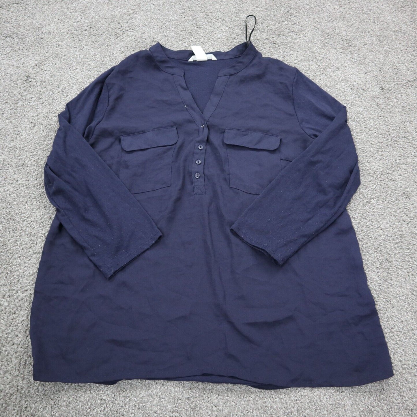 H&M Womens Blouse Top Henley Neck 1/4 Sleeves Pockets Navy Blue Size Medium