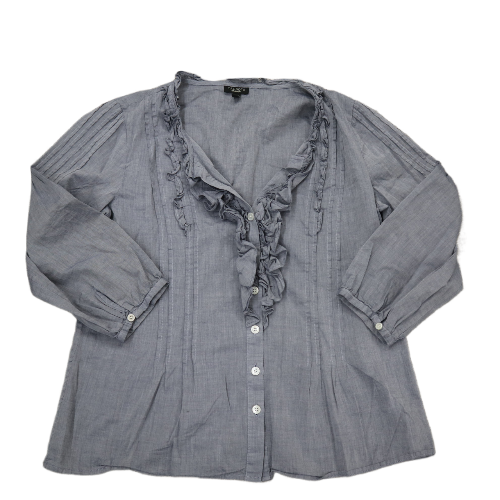 Talbots Womens Button Up Ruffle Blouse Top Round Neck 3/4 Sleeves Gray Size 6