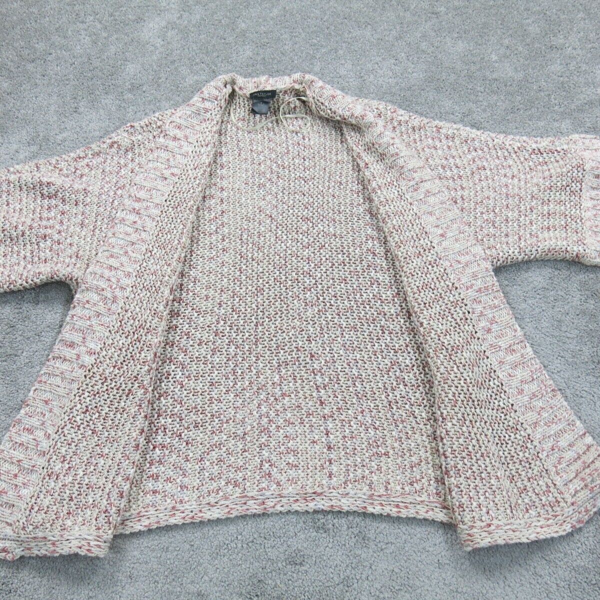 Ann Taylor Women Cardigan Sweater Knitted Open Front Long Sleeves White Red SZ S