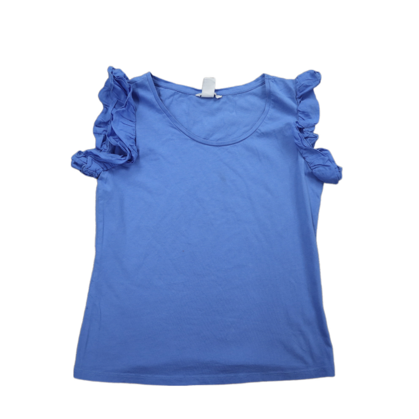H&M Women Pullover Blouse Top Ruffle Cap Sleeve Round Neck Solid Blue Size Small