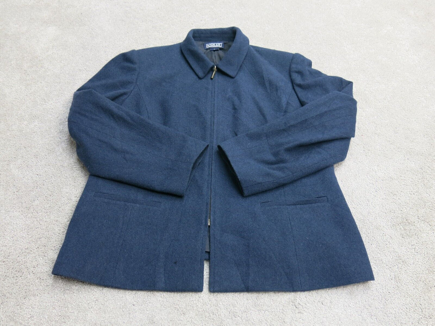 Land s End Women Blouson Coat Jacket Long Sleeve Wool Blend Pocket Blue Size 16