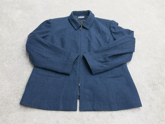 Land s End Women Blouson Coat Jacket Long Sleeve Wool Blend Pocket Blue Size 16