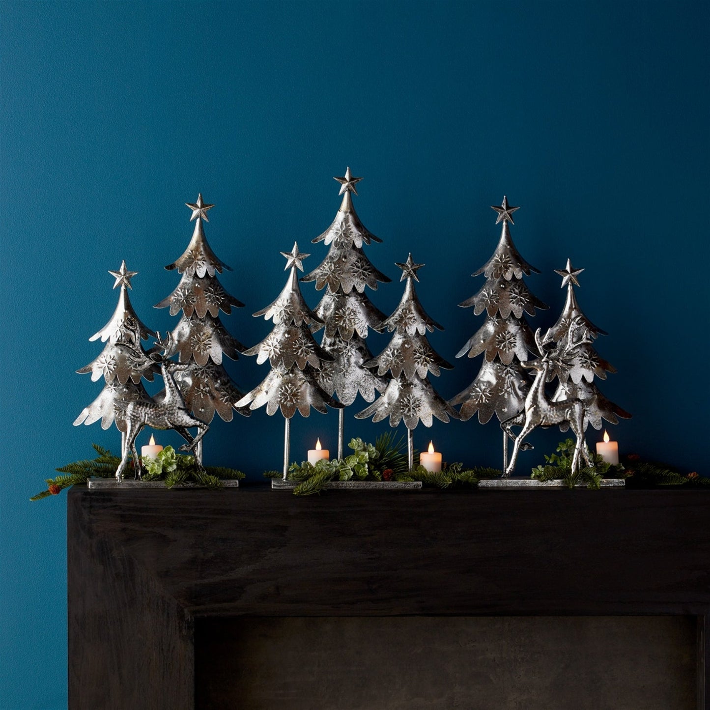 Silver Hammered Metal Deer with Trees Display, Set of 3