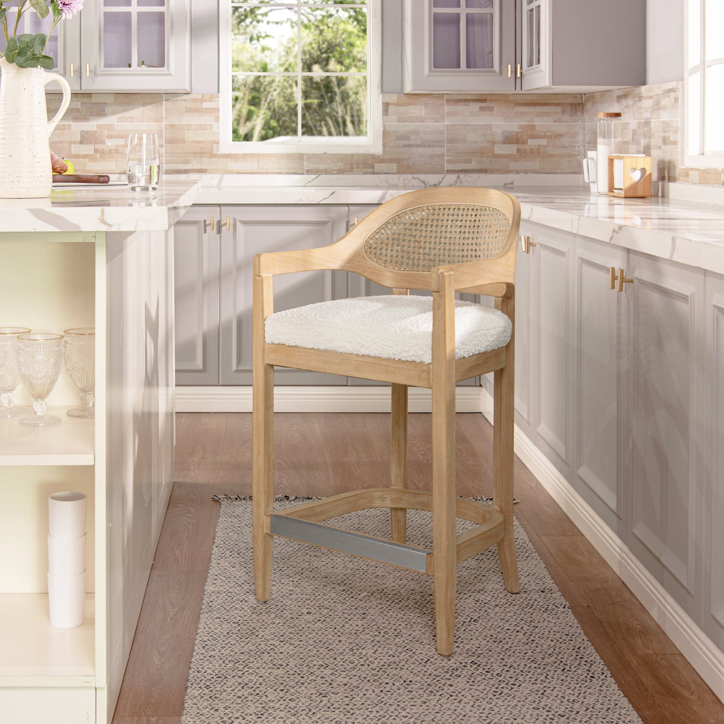 Pyrla 26" Upholstered Counter Stool with Curved Cane Back and Wood Legs