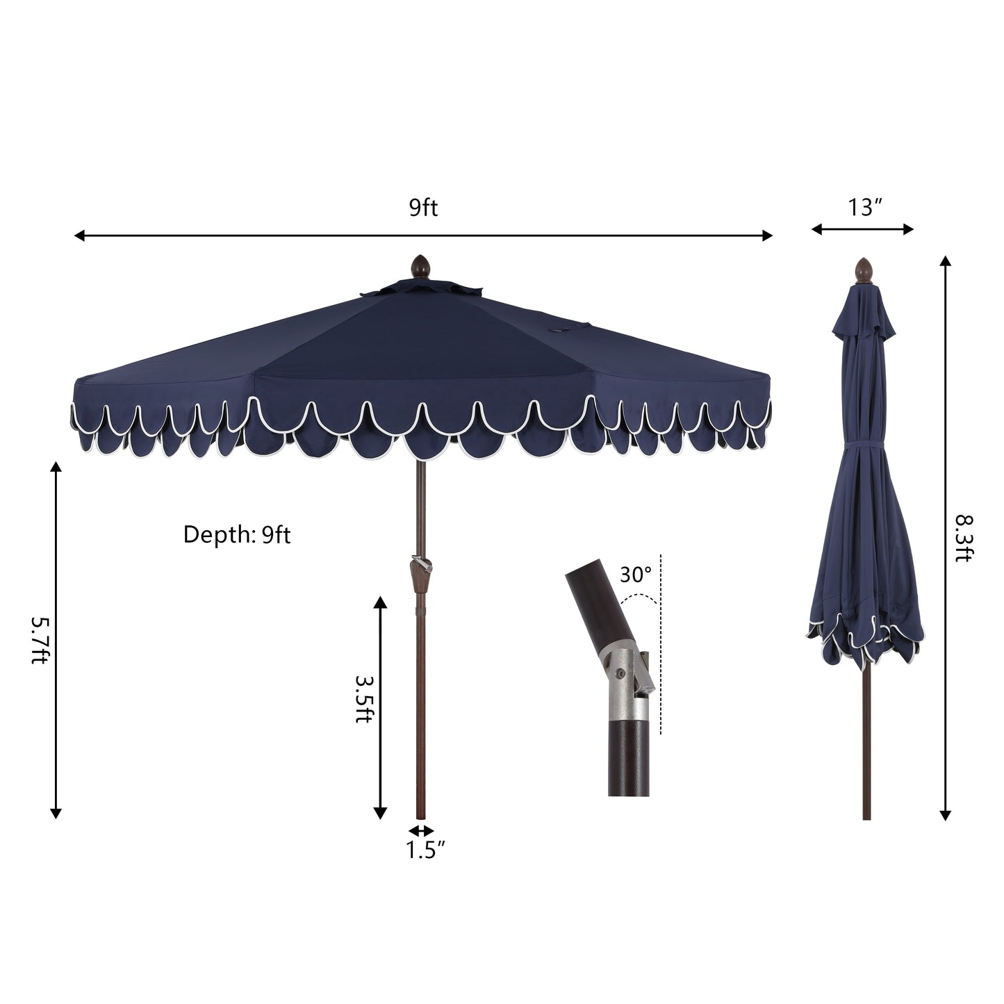 Tracy Classic MidCentury Scalloped Fringe Market Patio Umbrella with Auto-Tilt