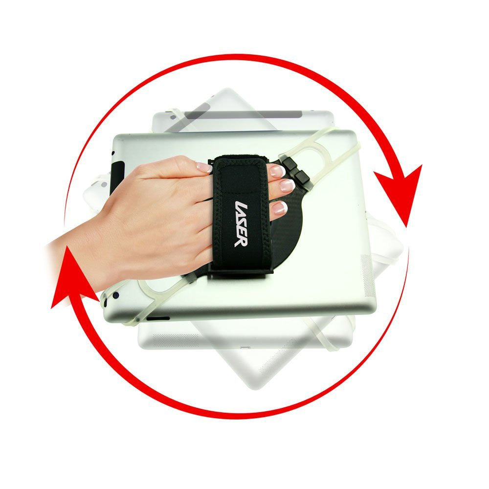 Laser Tablet Holder with 360-Degree Swivel and Hand Strap (Black)