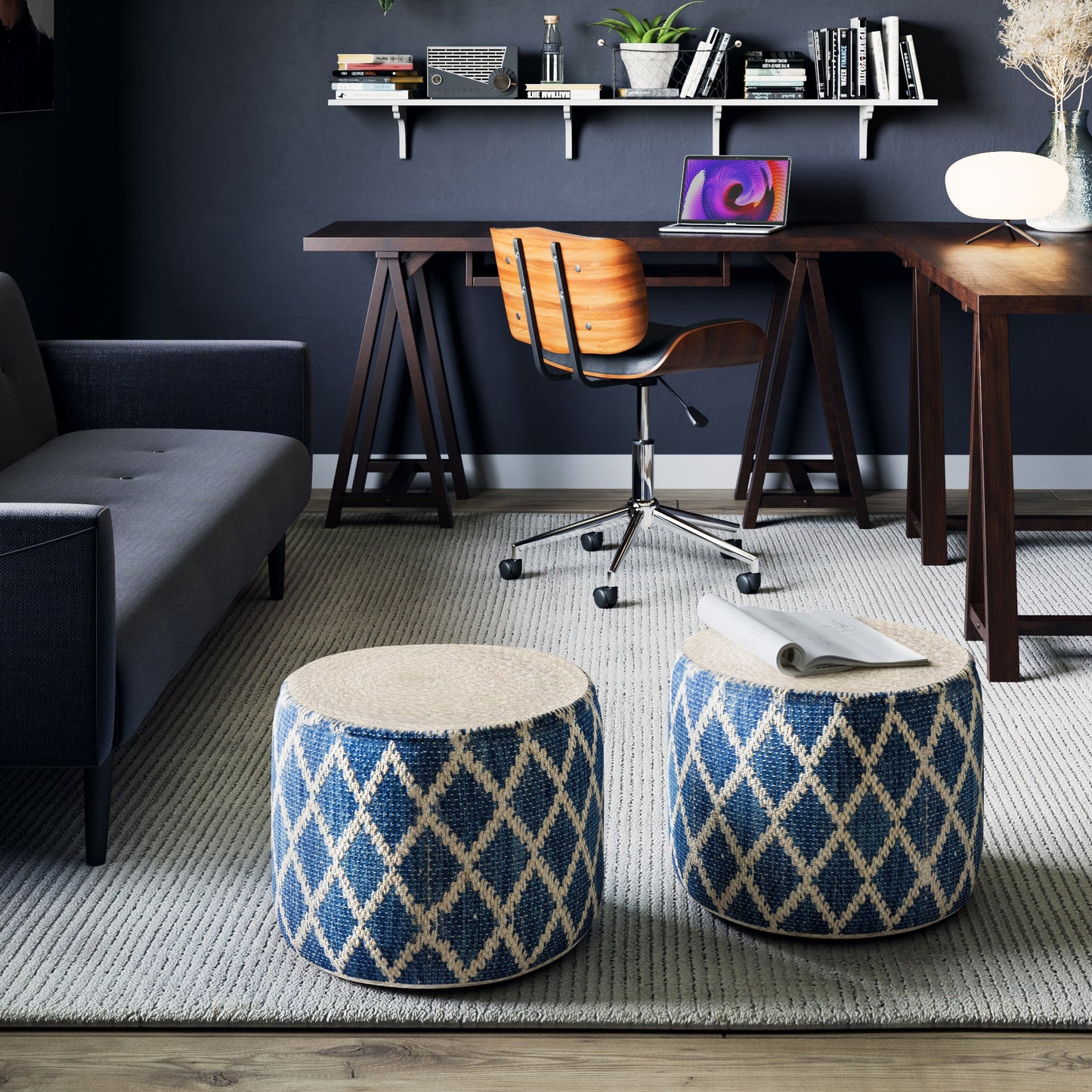 Round Pouf with Cotton and Jute Woven Diamond Pattern