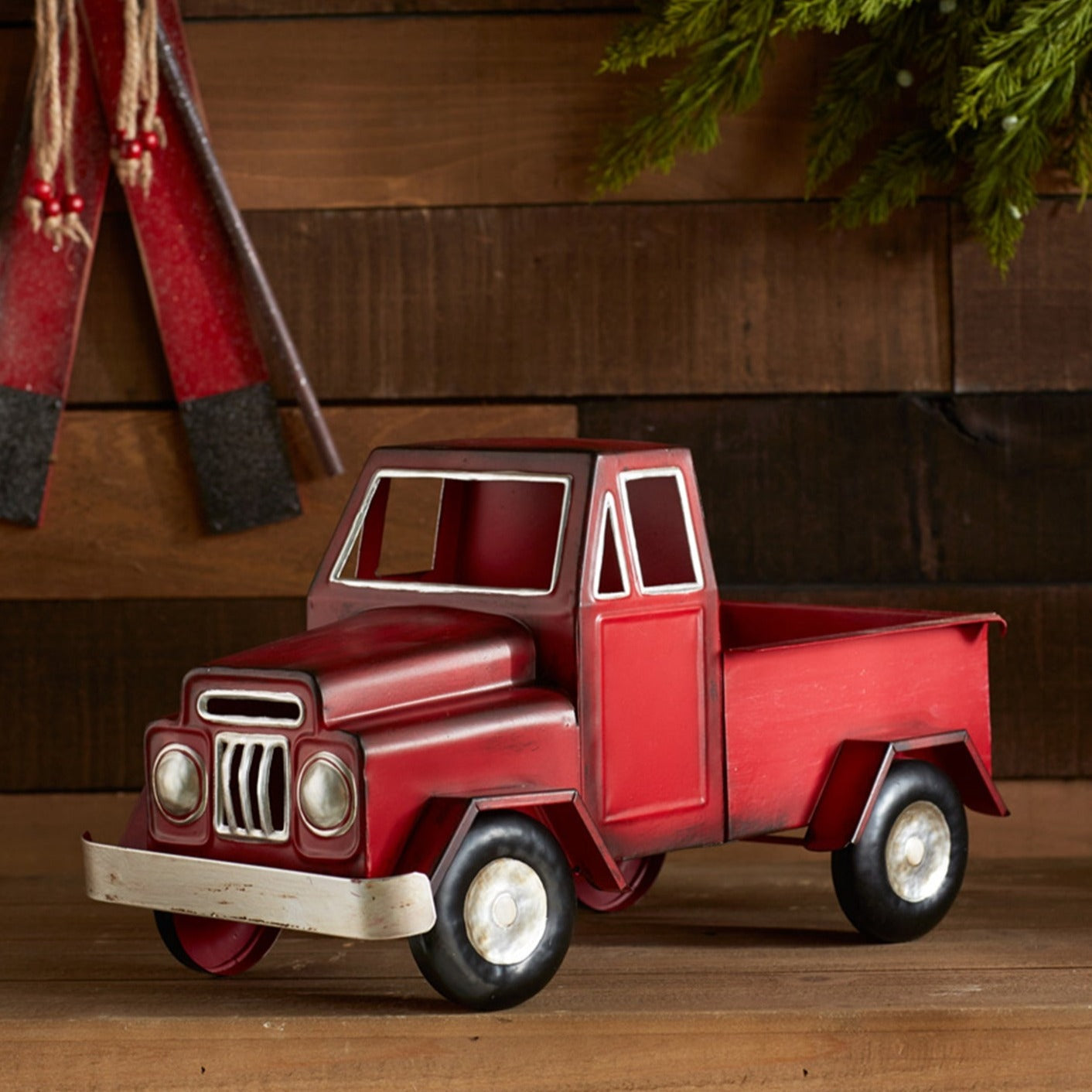 Red Metal Pickup Truck Decor 16"