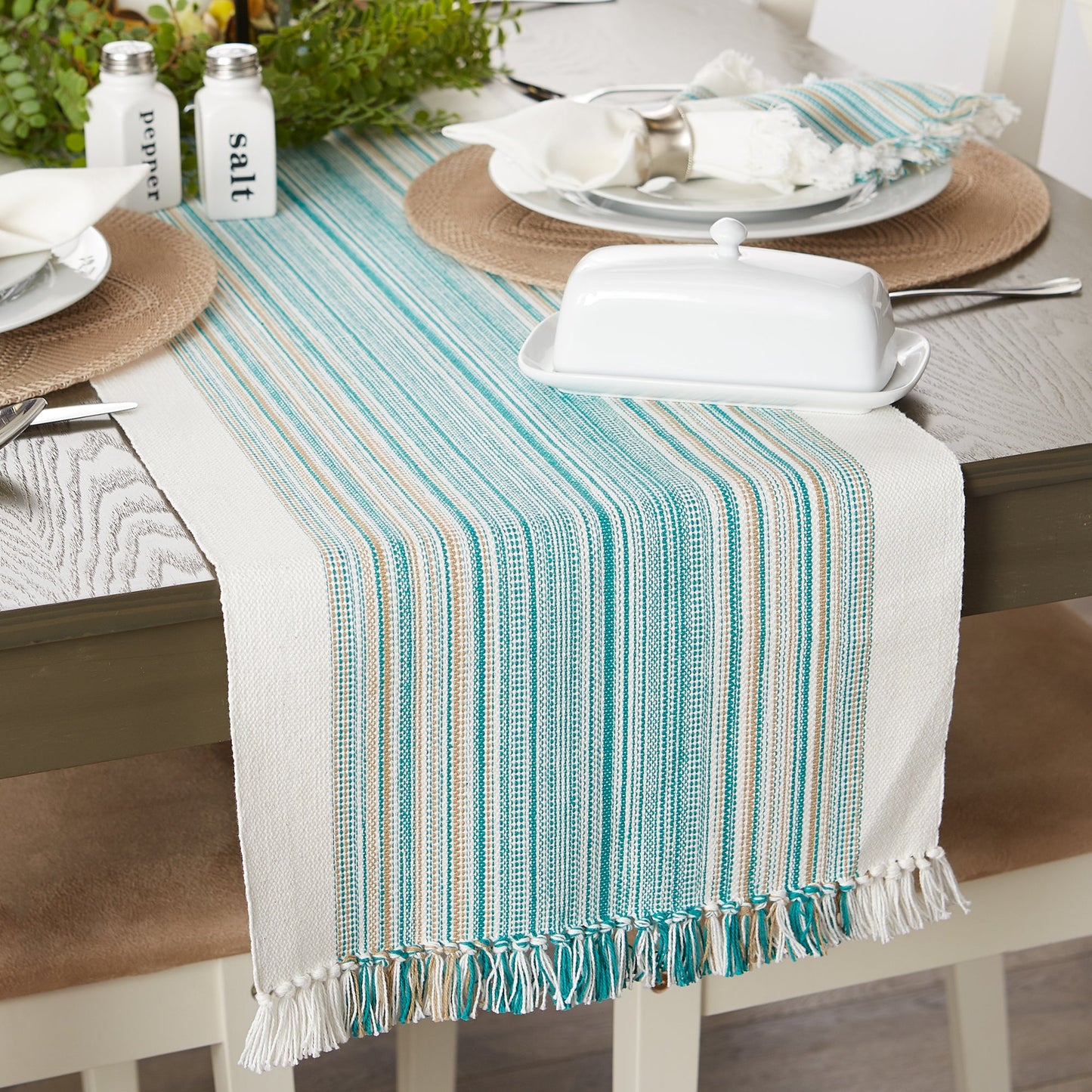 Teal Blue Striped Fringe Ribbed Table Runner 14X108