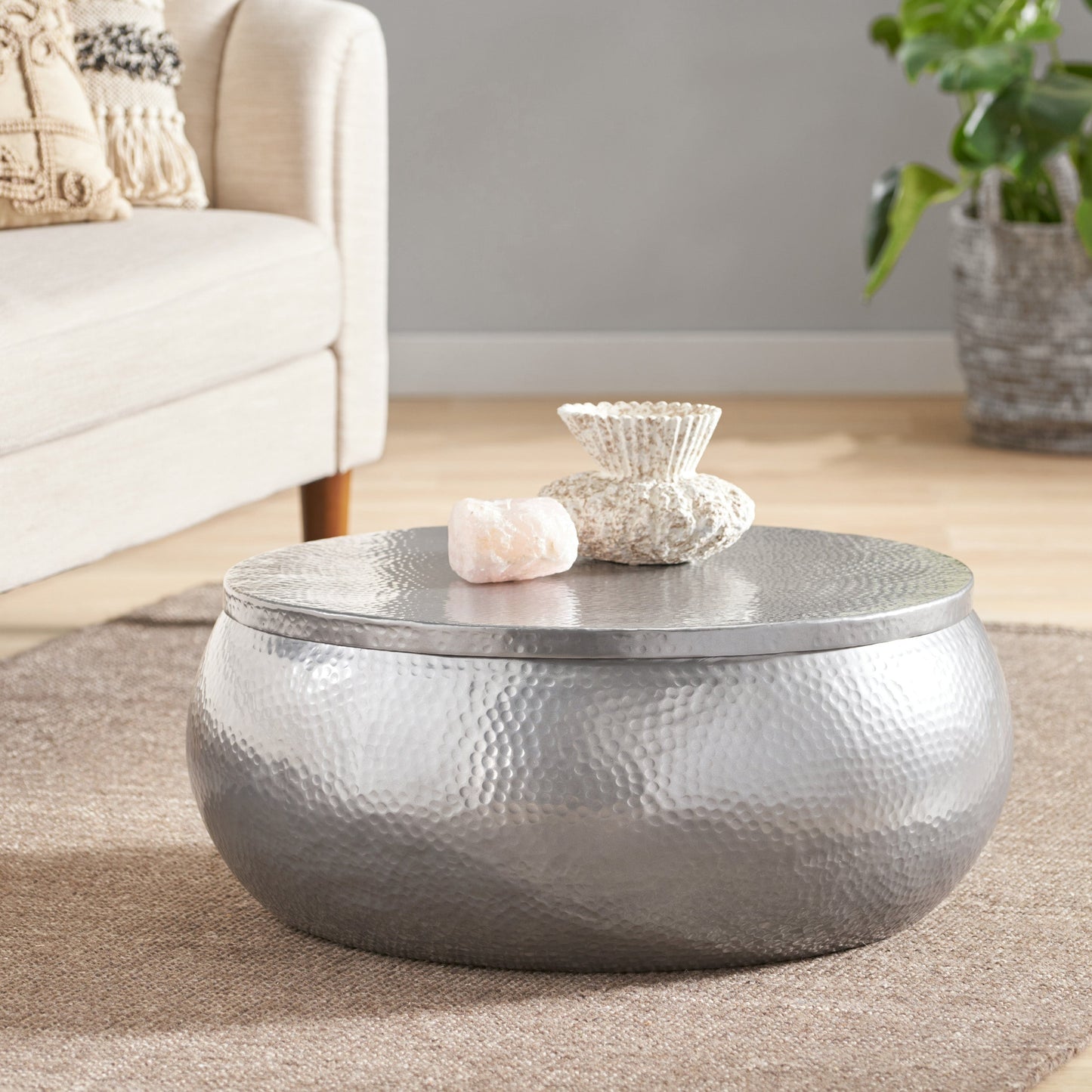 Aluminum Drum Coffee Table with Hammered Metal Pattern
