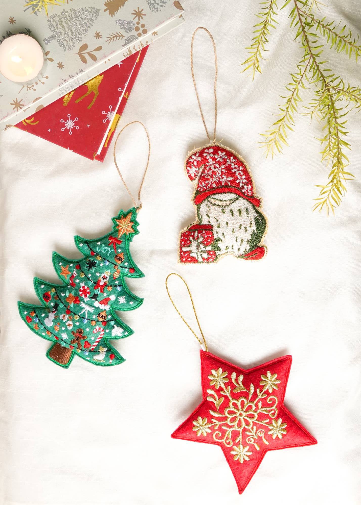 Thread Embroidered Star Ornament, Set of 6