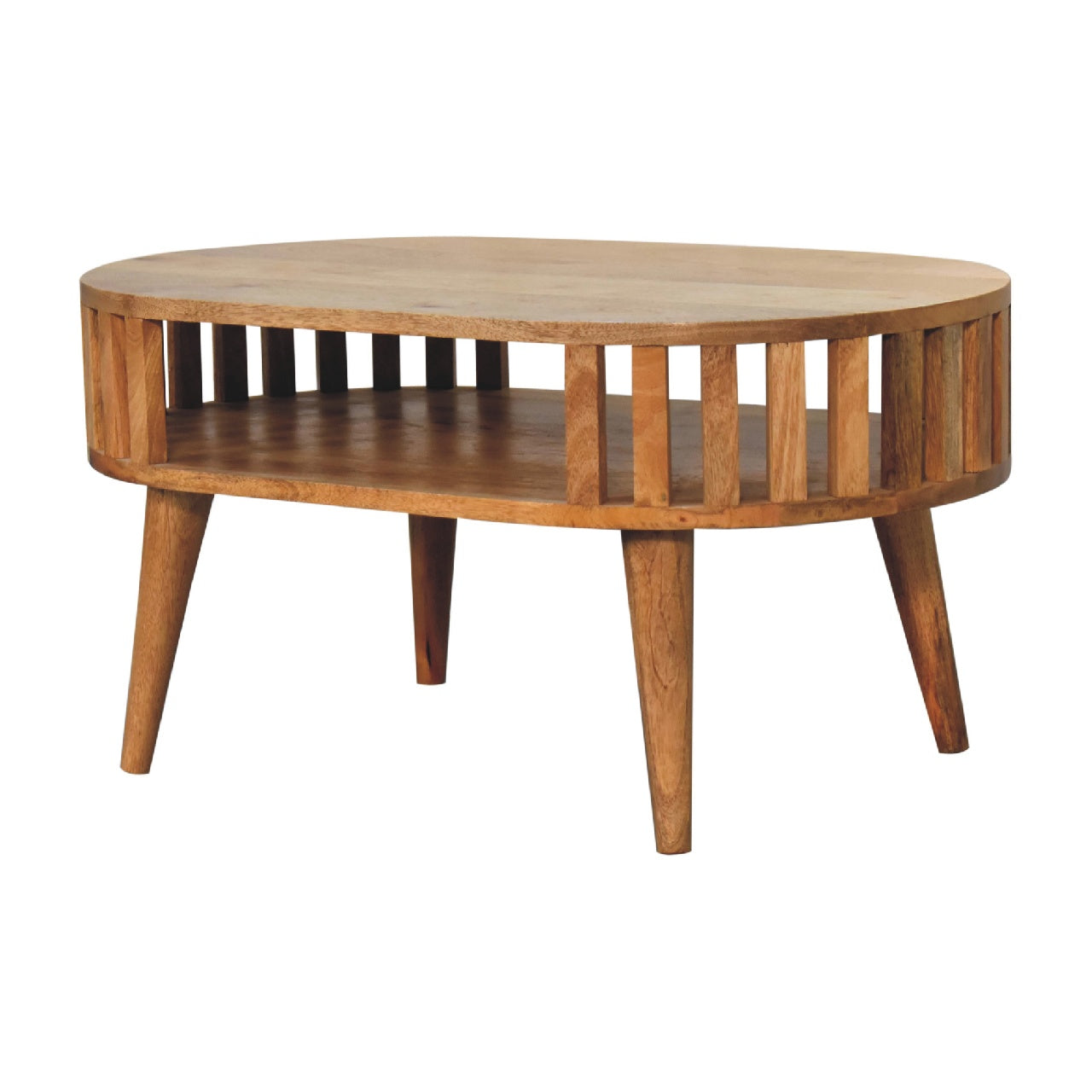 Alliance Oval Coffee Table with Open Shelf and Vertical Slats Side