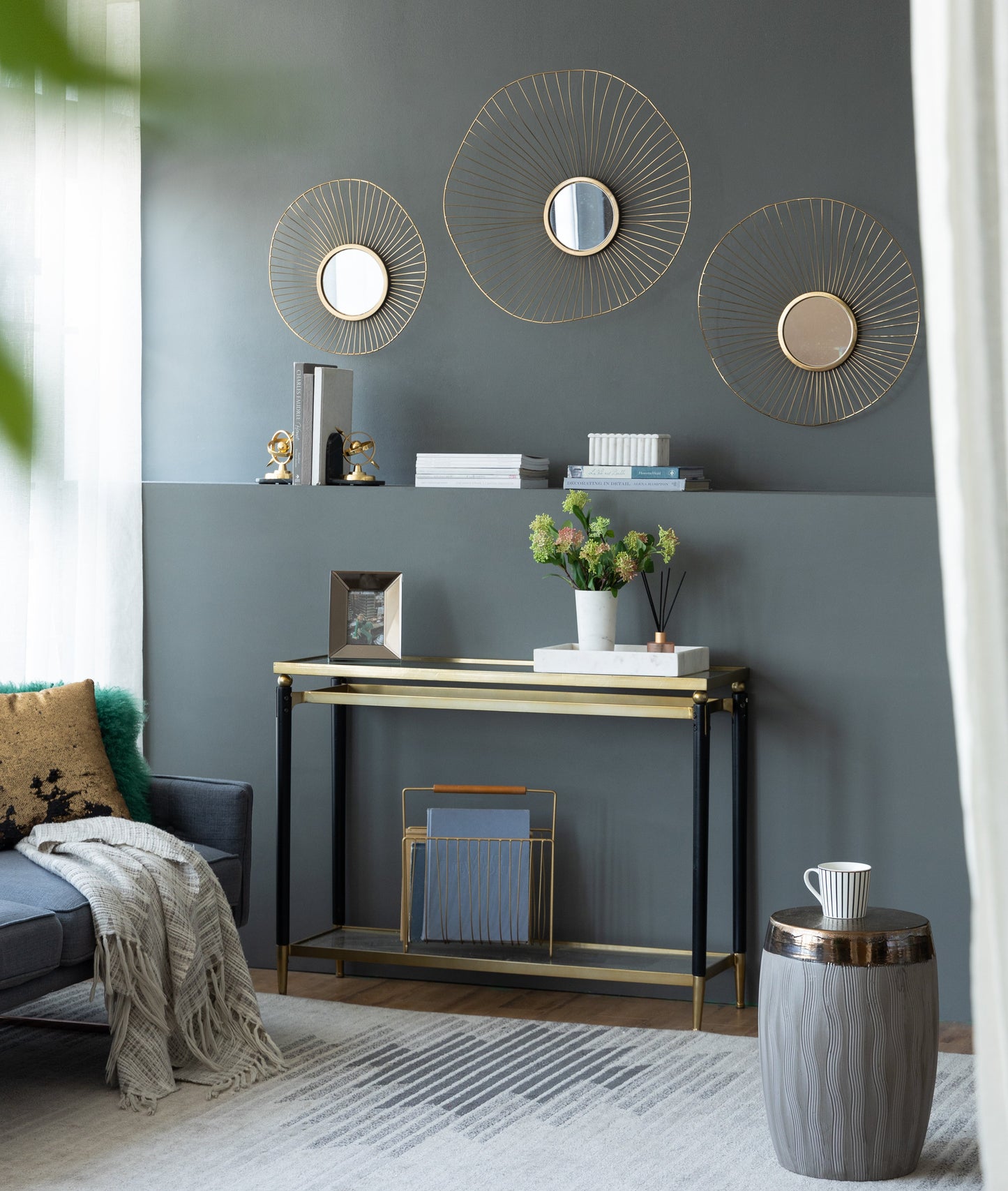 Wall Mirror with Iron Frame and Abstract Design, Set of 3