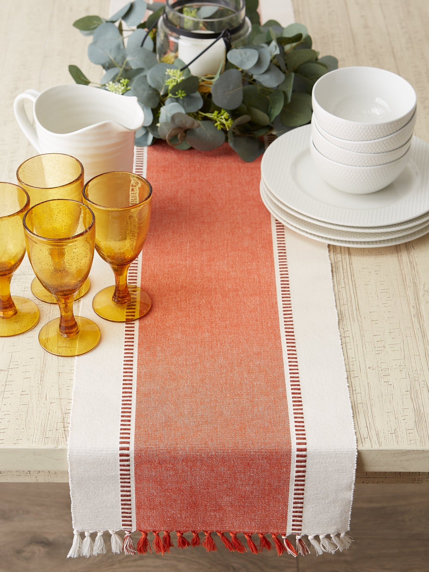 Burnt Orange Striped Fringe Ribbed Table Runner 13X72