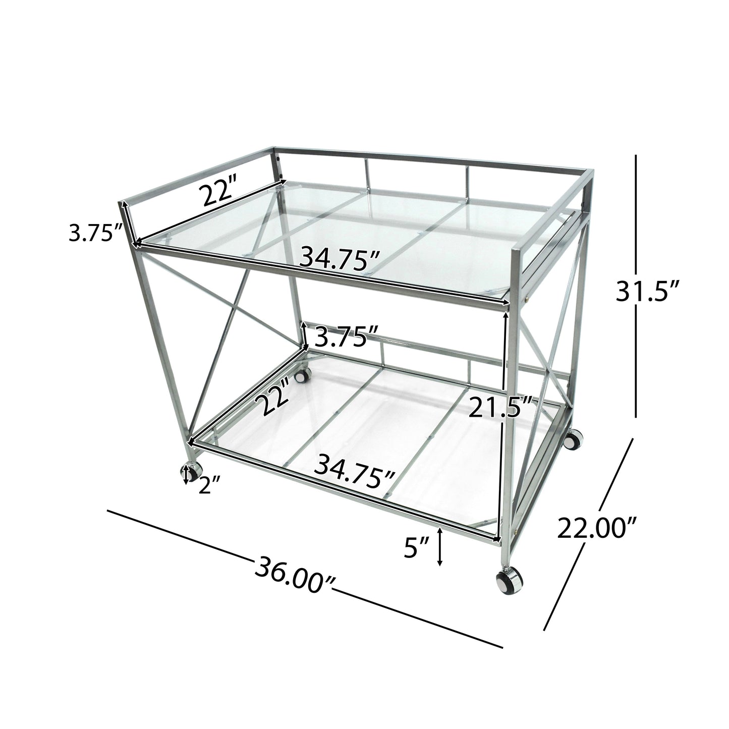 Bar Cart with Glass Shelves and Metal Frame