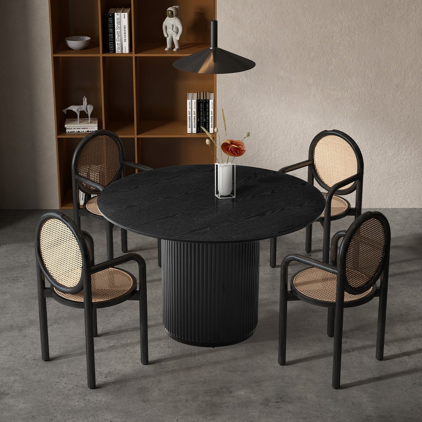 Round Dining Table with T-Shaped Design and Wood Frame