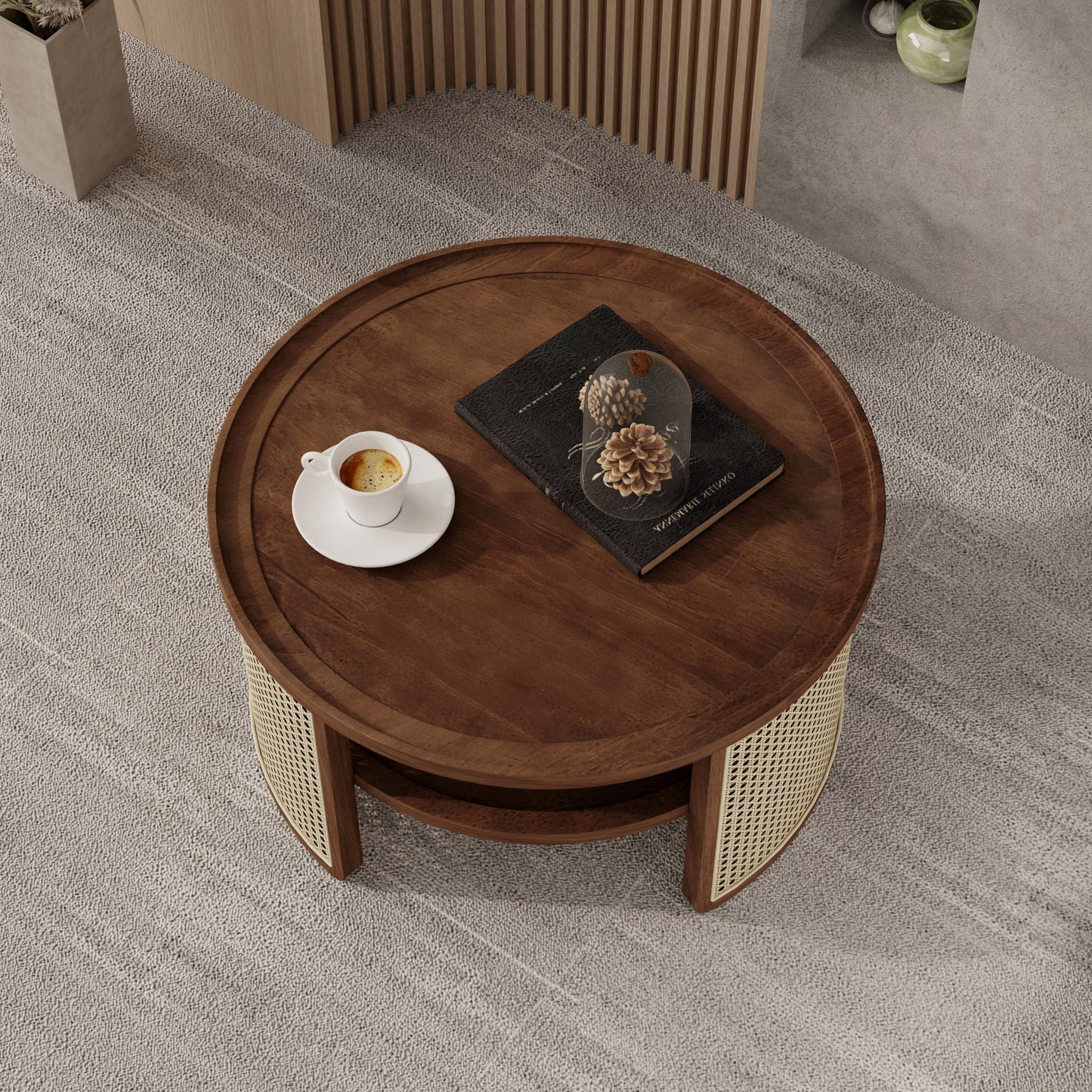Wintered 2-Tiered Coffee Table with Rattan Base and Curved Edge Design