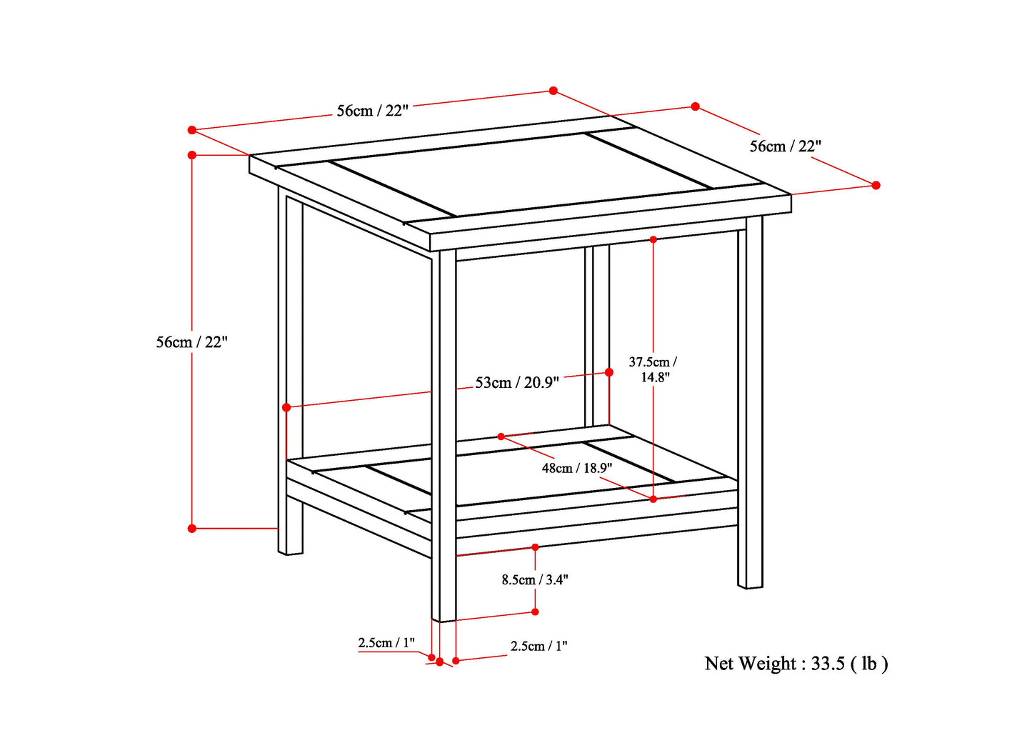 Haloed Square Side Table with Open Bottom Shelf and Metal Frame