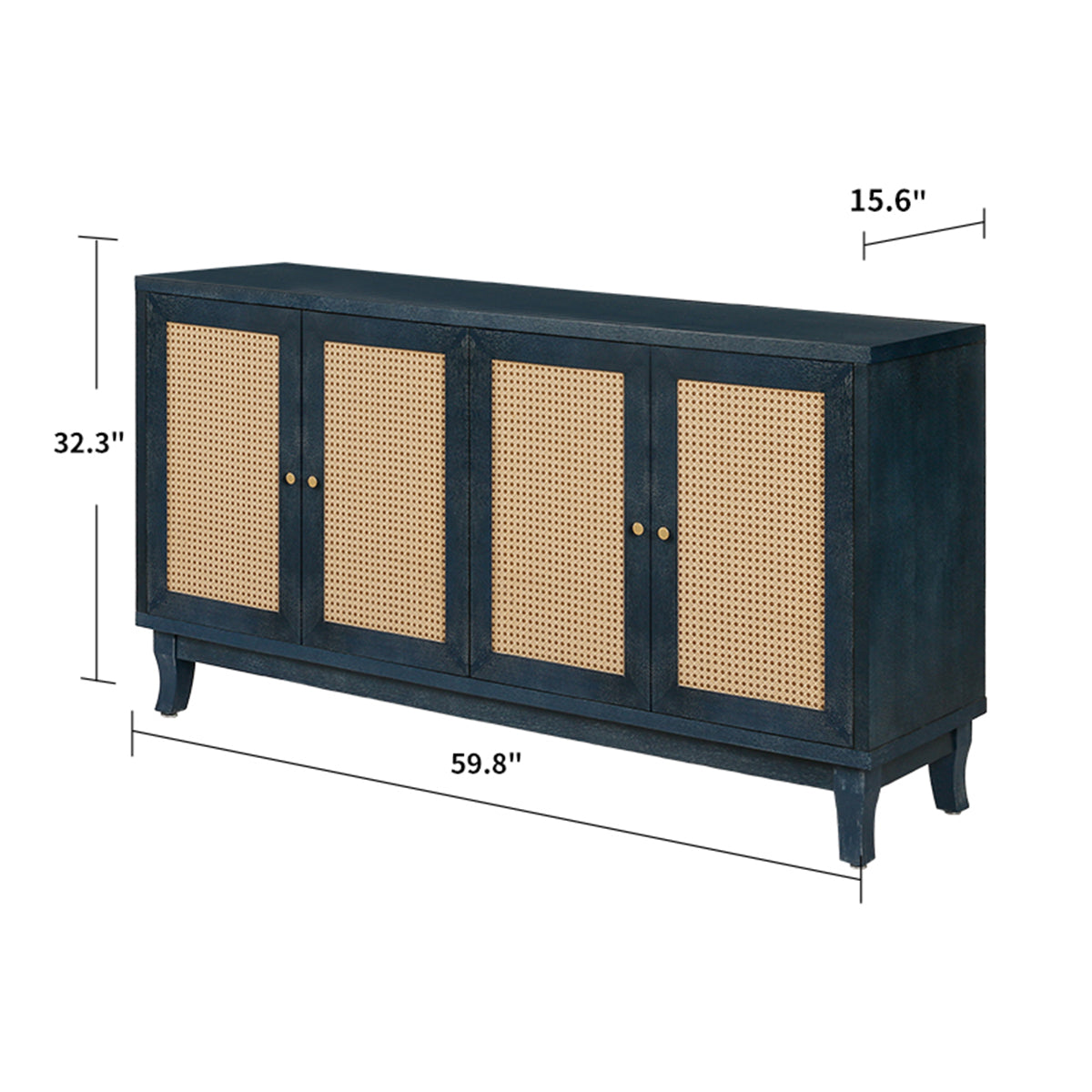 Sideboard with 4 Rattan Doors and Adjustable Shelves, Navy Blue