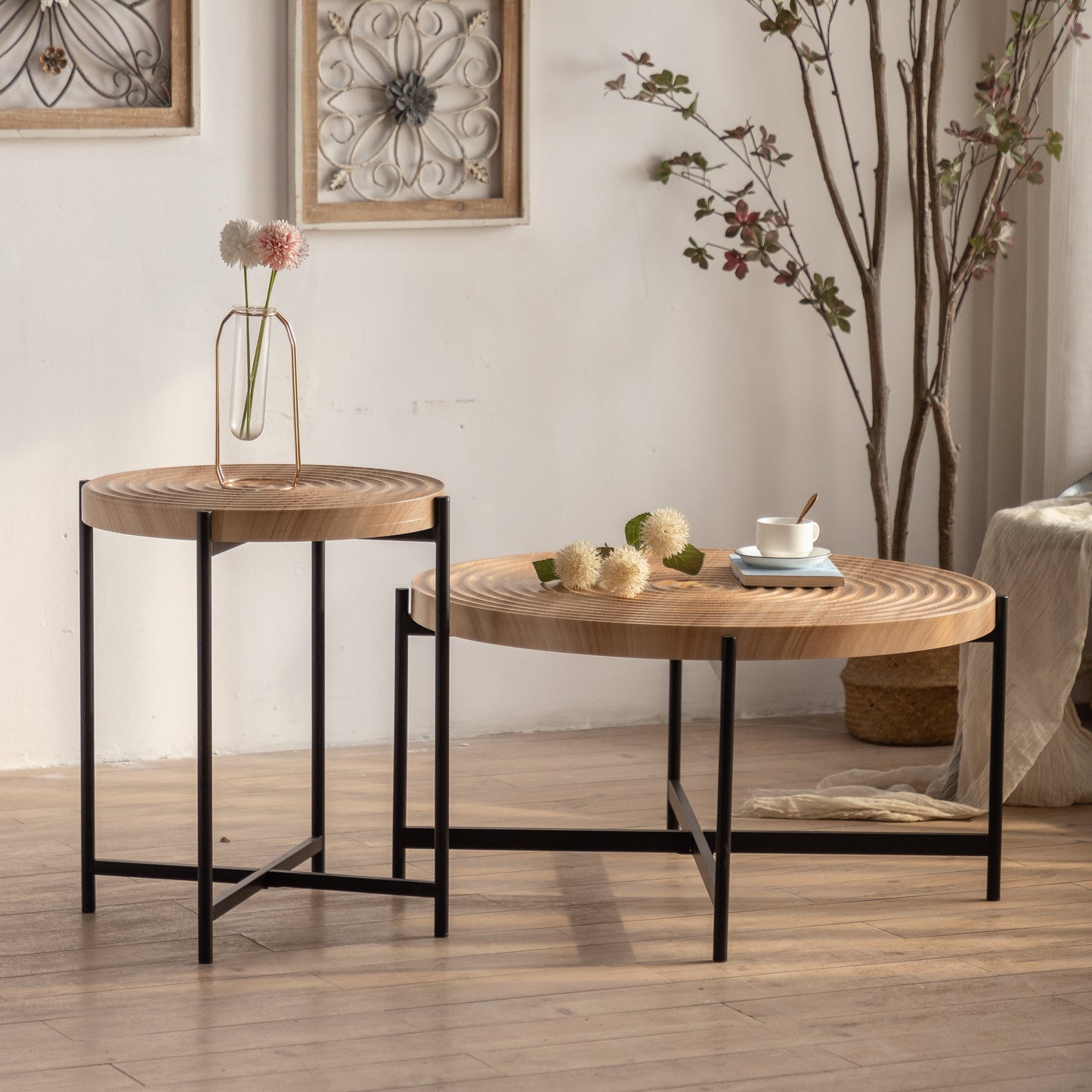 Coffee Table with Round Tabletop and Cross Metal Base, Set of 2