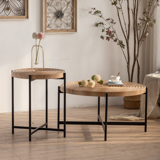 Coffee Table with Round Tabletop and Cross Metal Base, Set of 2