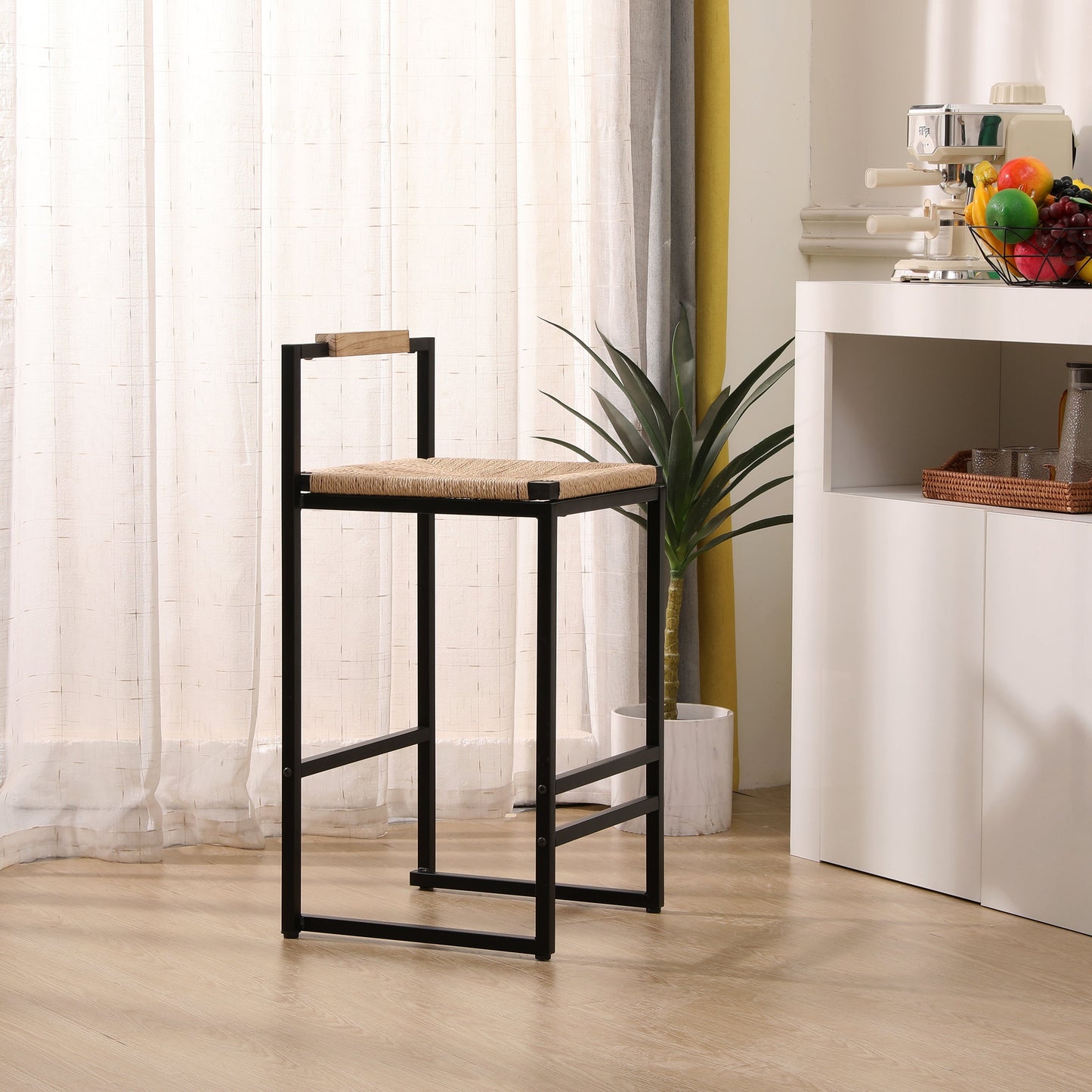 Rope Woven Bar Stool with Low Back and Metal Base, Set of 2
