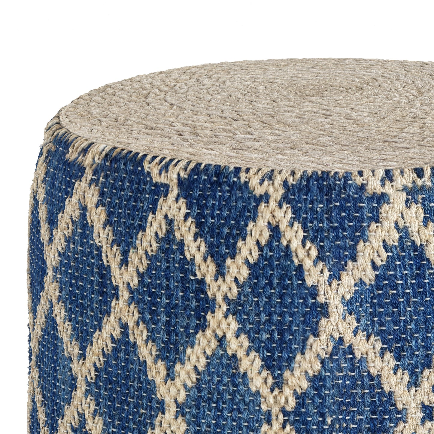 Round Pouf with Cotton and Jute Woven Diamond Pattern