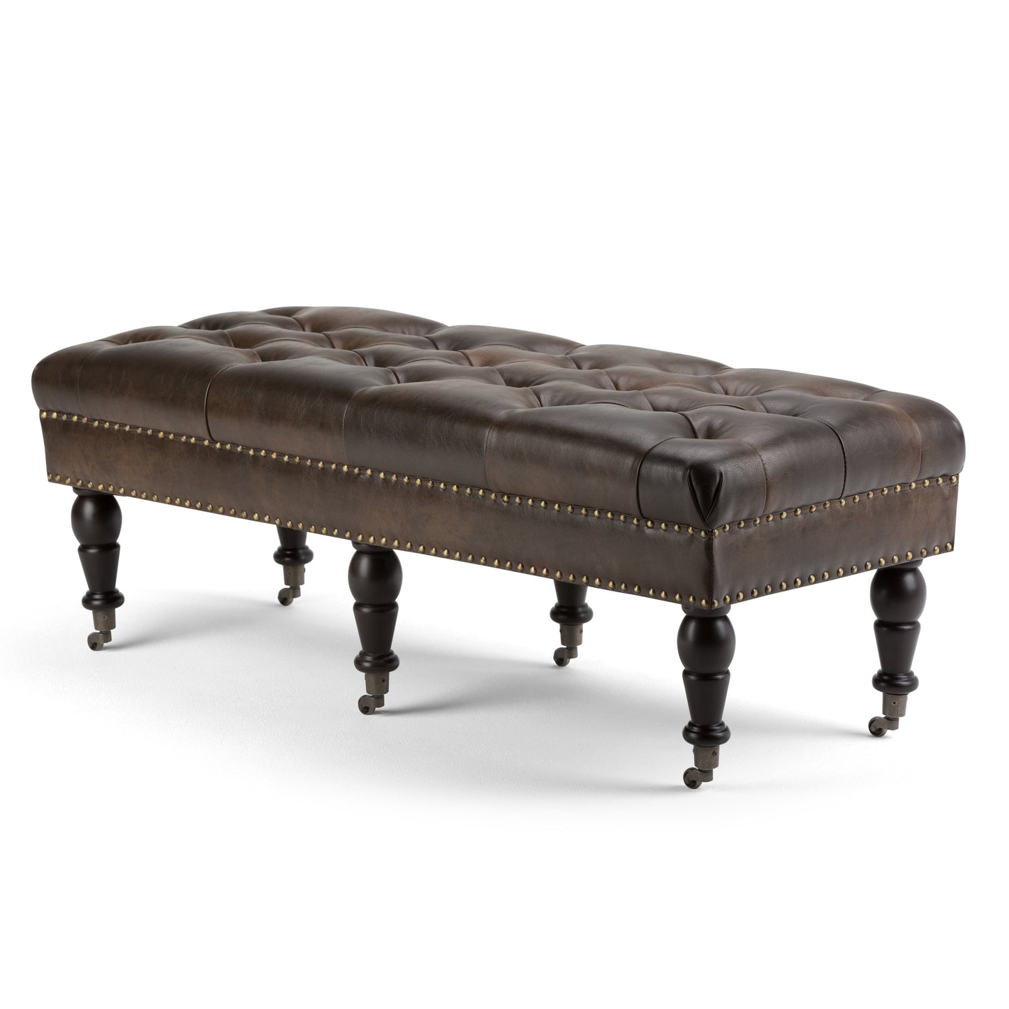 Fortune Upholstered Ottoman Bench with Tufted Top, Nailhead Trim and Carved Legs