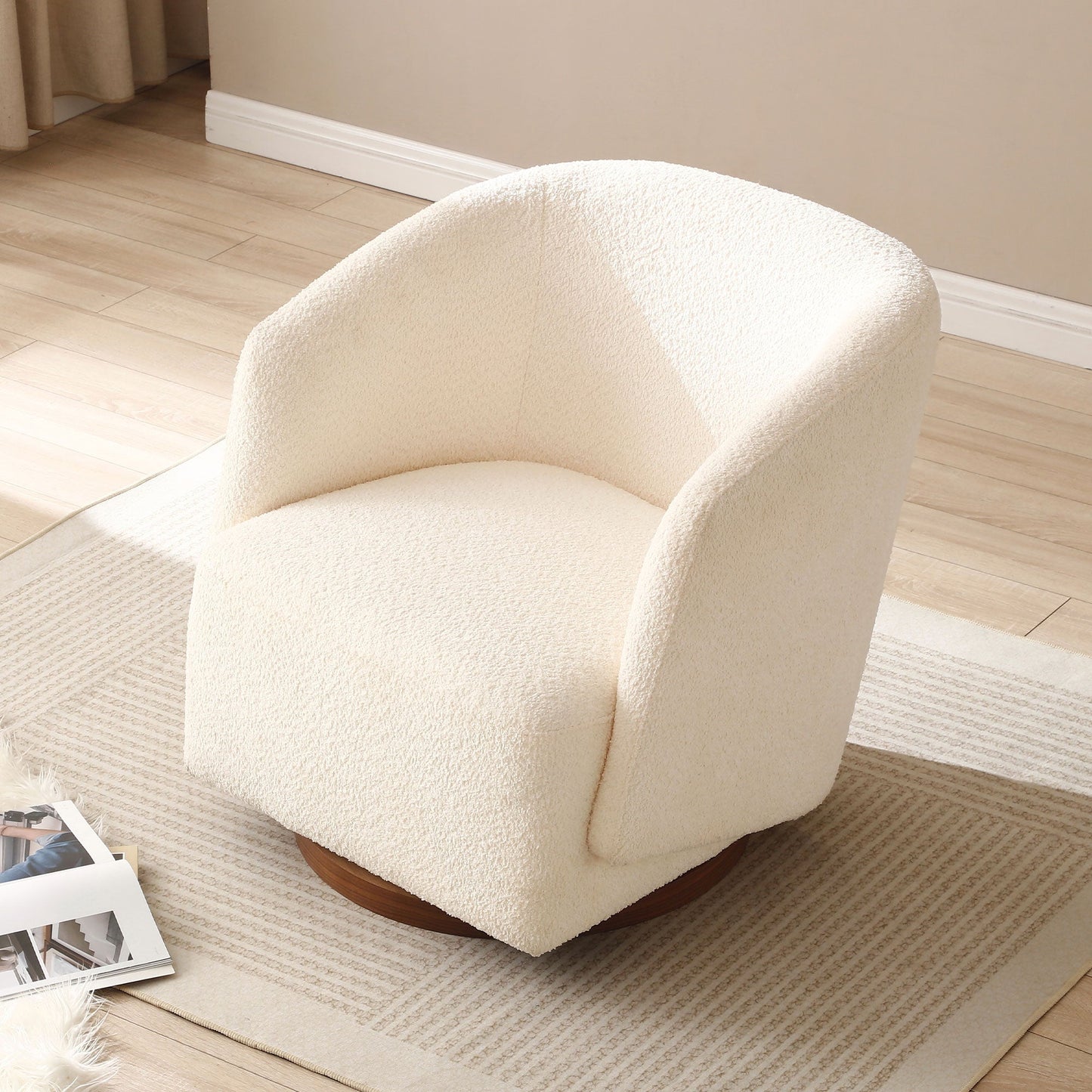 Upholstered Swivel Chair with Wooden Base and Curved Armrest