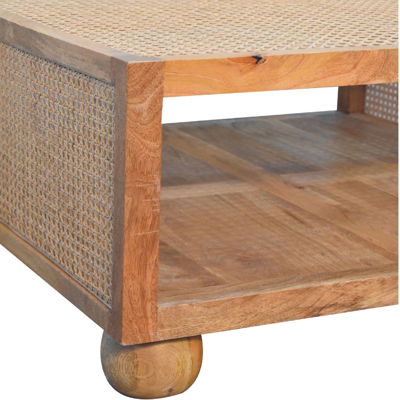 Decipher Wood and Rattan Large Coffee Table with Ball-Shaped Legs