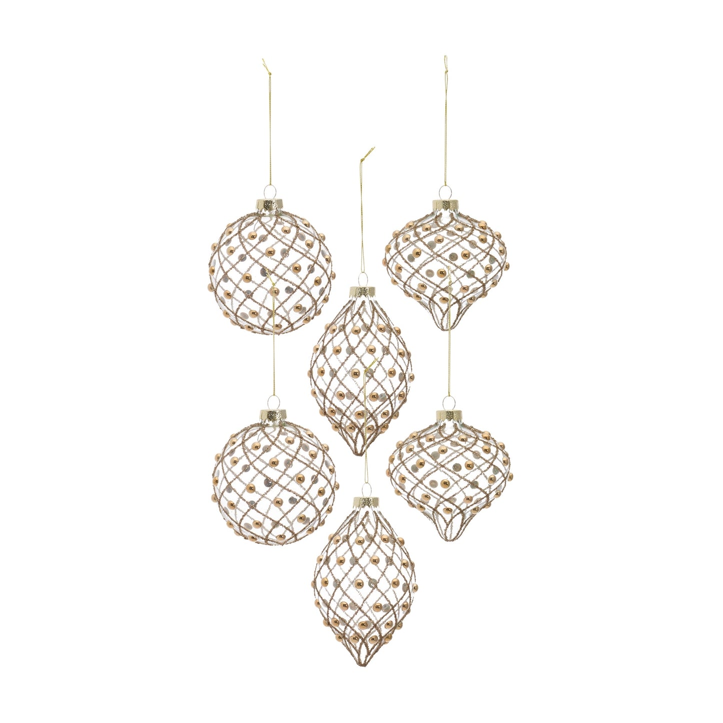 Gold Beaded Clear Glass Tree Ornament, Set of 6