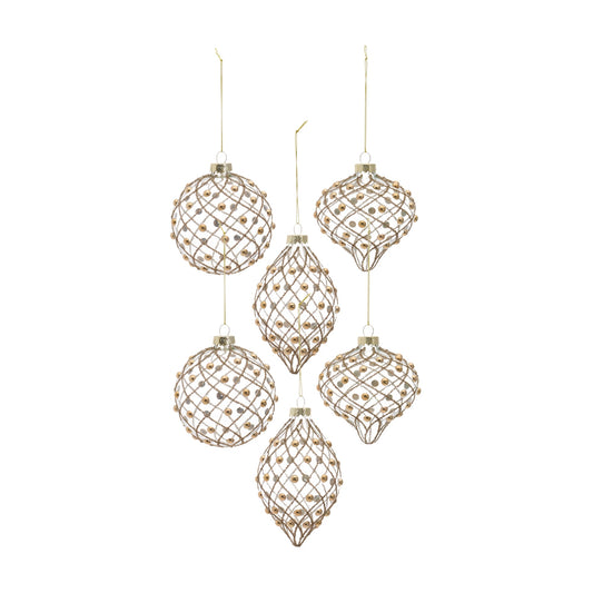 Gold Beaded Clear Glass Tree Ornament, Set of 6