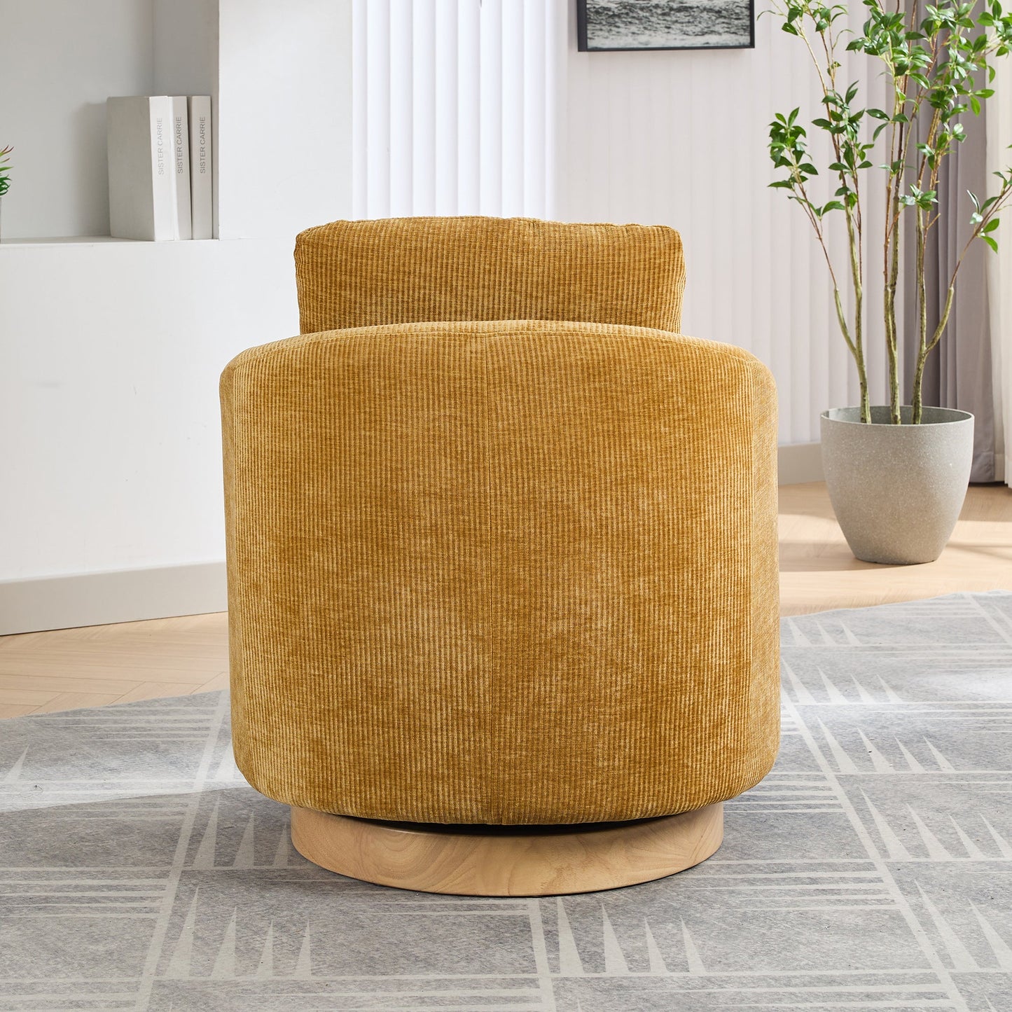 Actuator Upholstered Barrel Chair with 360-Degree Swivel Base and Curved Arms