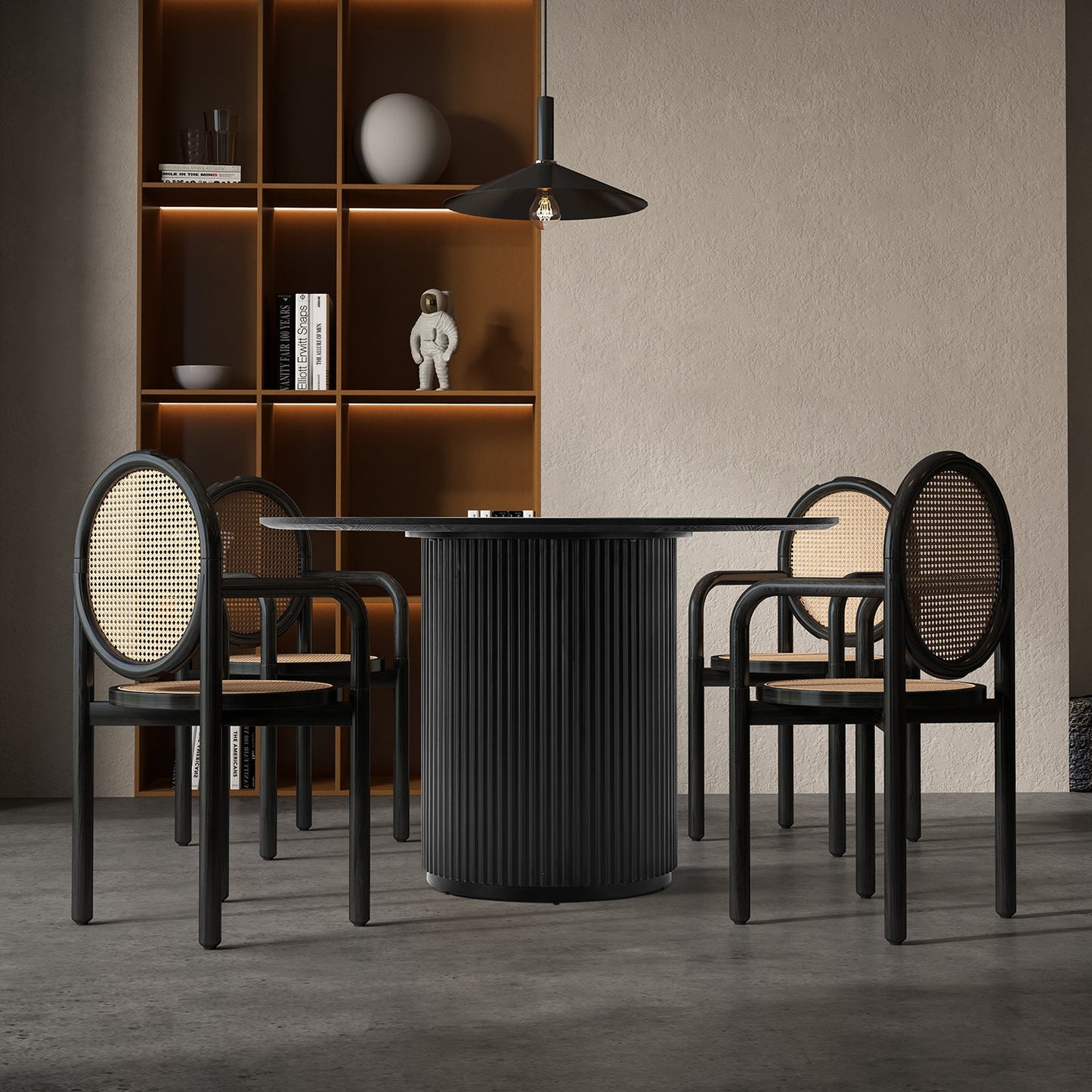 Round Dining Table with T-Shaped Design and Wood Frame