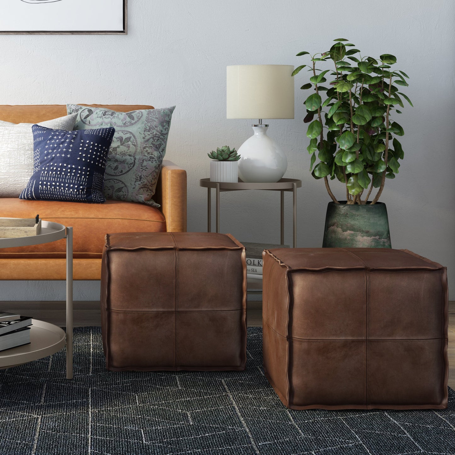 Tranquiluxe Faux Leather Square Pouf with Top Stitching Detail and Zipper