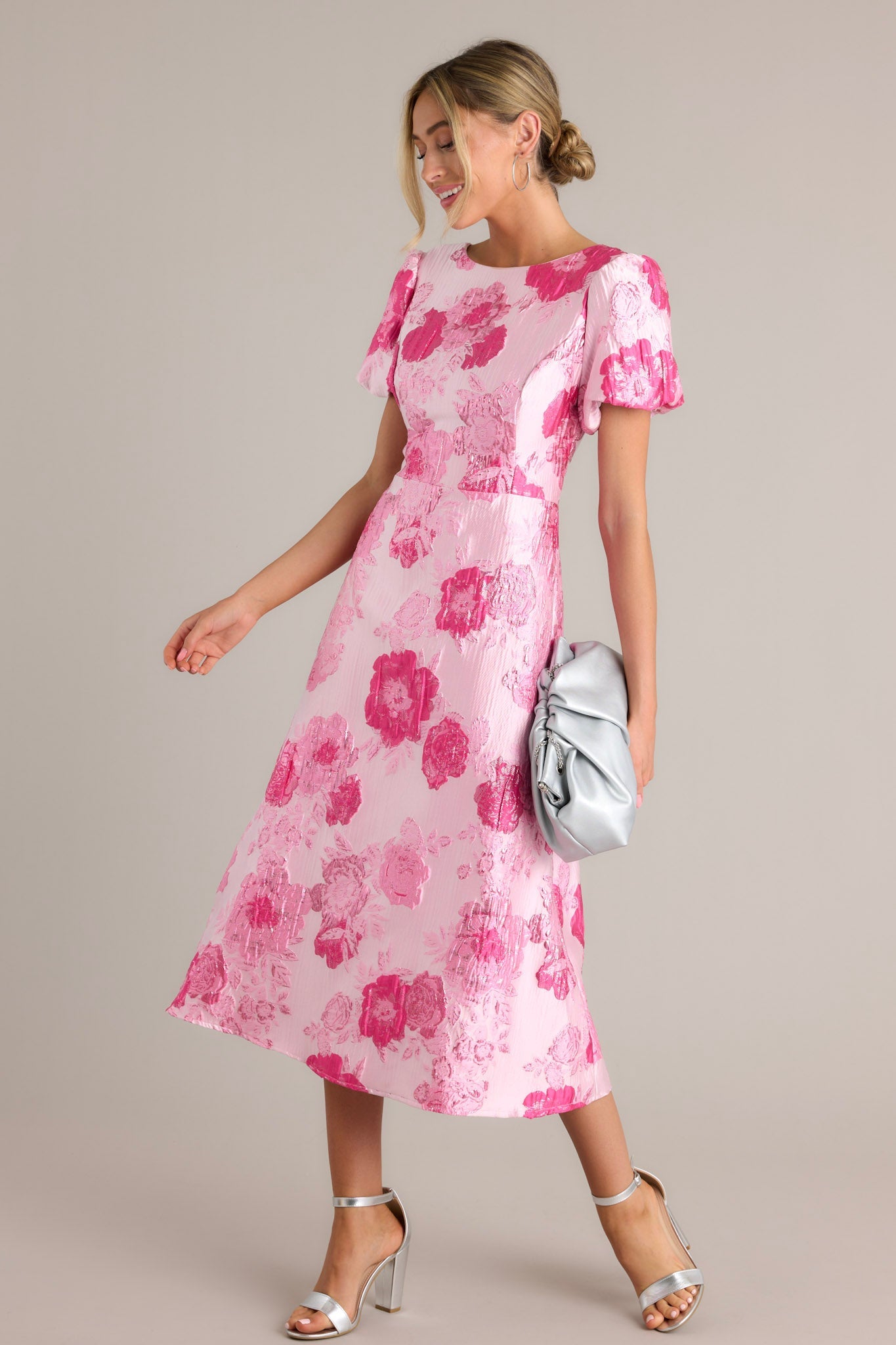 Luxe Living Light Pink Floral Jacquard Midi Dress