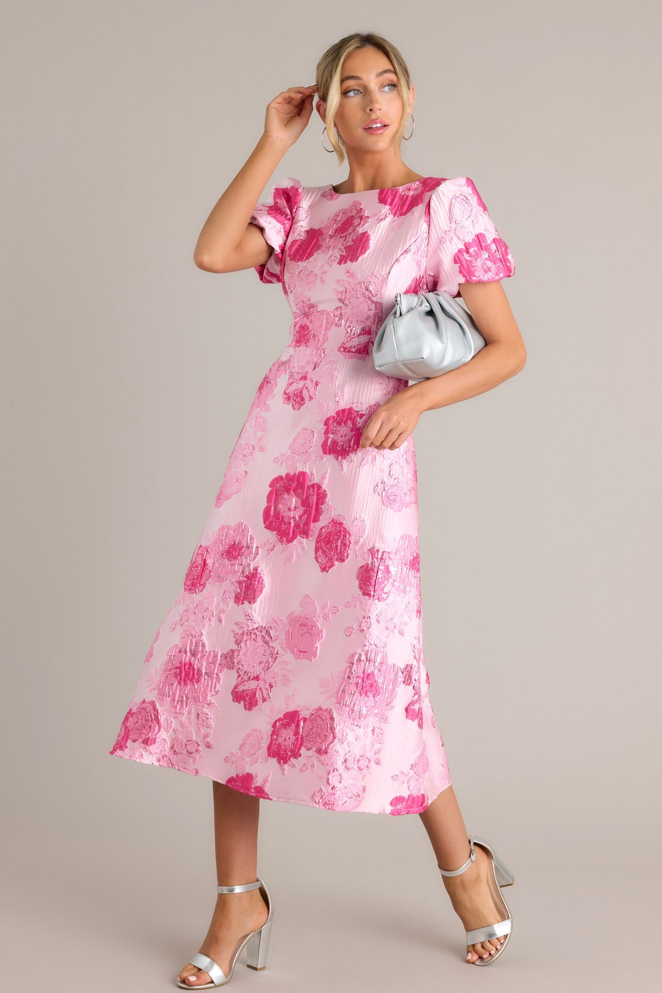 Luxe Living Light Pink Floral Jacquard Midi Dress