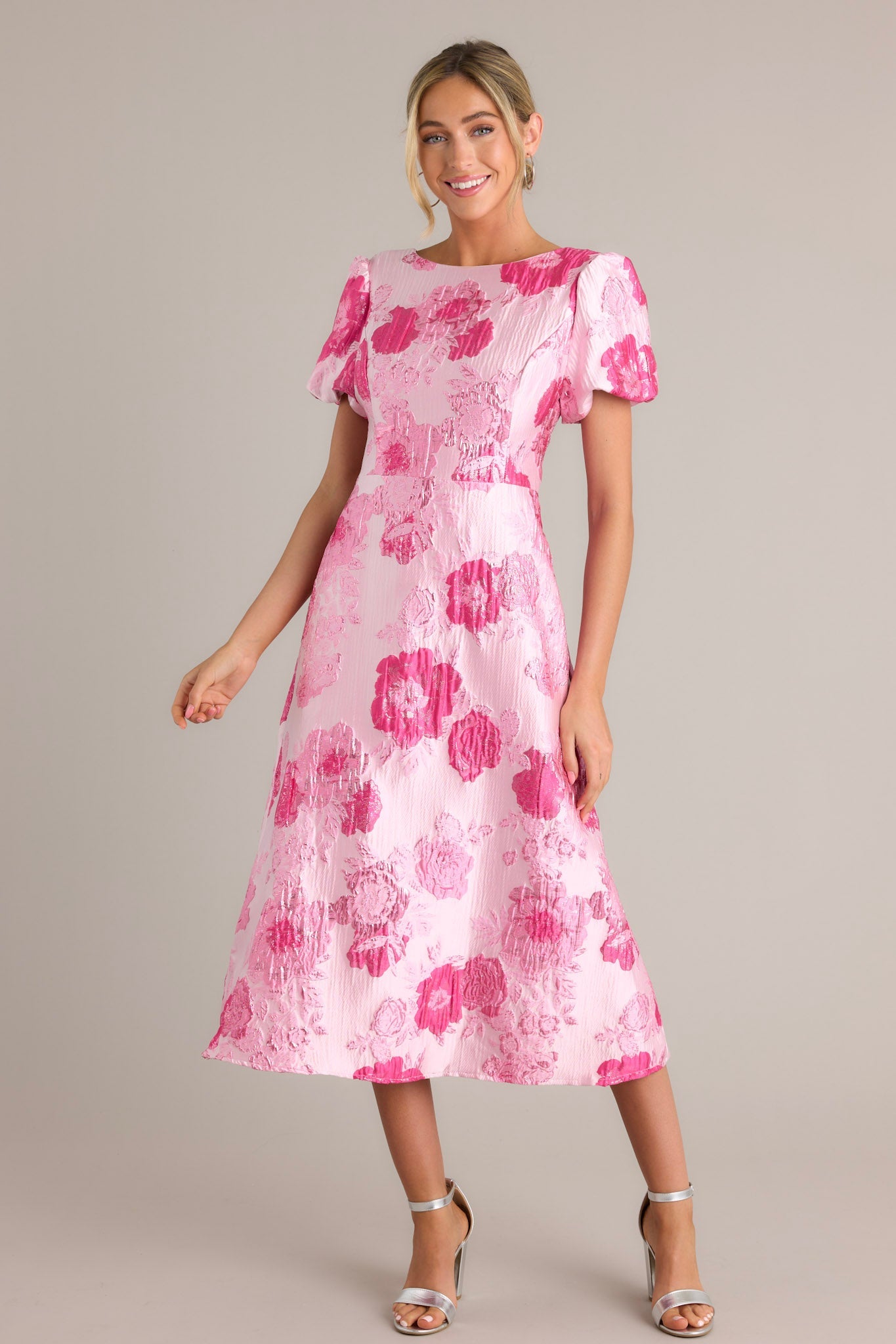 Luxe Living Light Pink Floral Jacquard Midi Dress