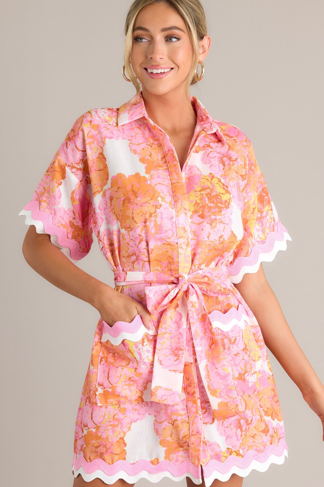 Long Time Love Light Pink Floral Mini Shirt Dress