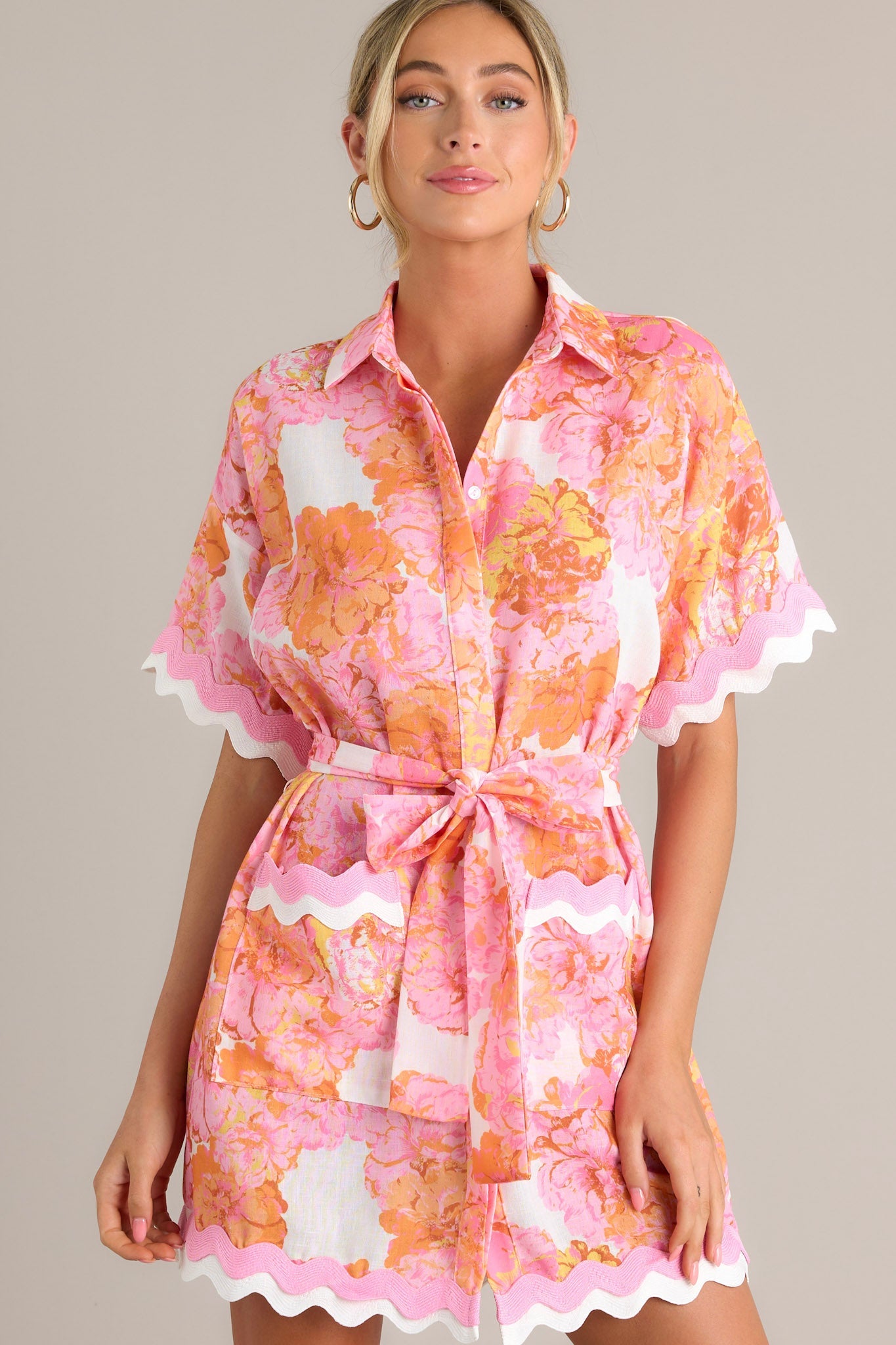 Long Time Love Light Pink Floral Mini Shirt Dress