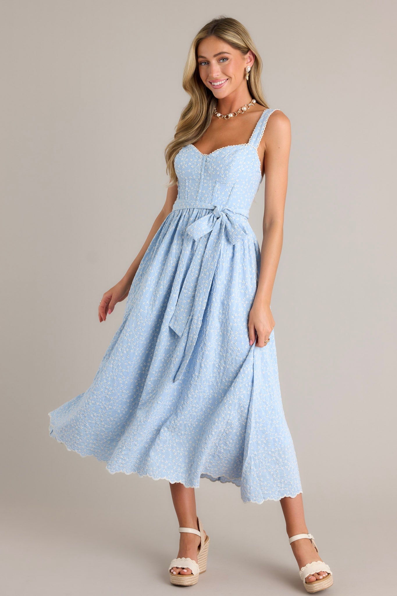 Stitched Serenity Light Blue Embroidered Midi Dress